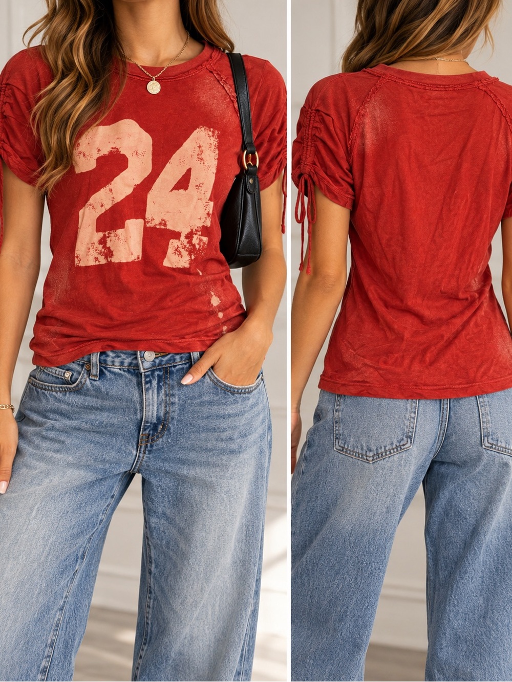 Free People Red Distressed 24 Graphic Ruched Sleeve Tee Size Small